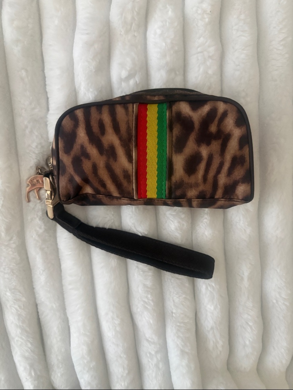 LeSportsac Brown Leopard Wristlet with Red, Green & Yellow Accent